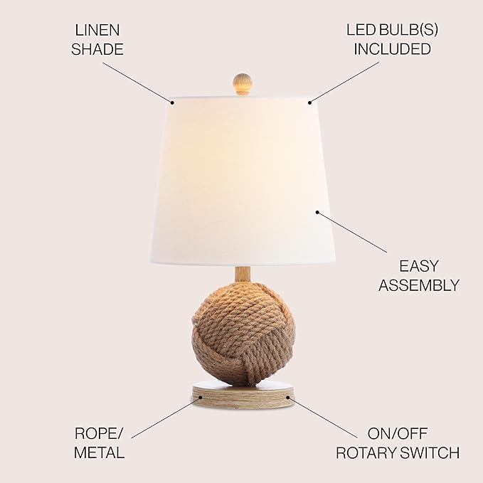 JONATHAN Y 18" Natural Monkey Fist Rope Ball LED Table Lamp, Coastal Nautical Iron and Rope Accent Lamp for Living Room Bedroom, White Linen Shade, LED Bulb