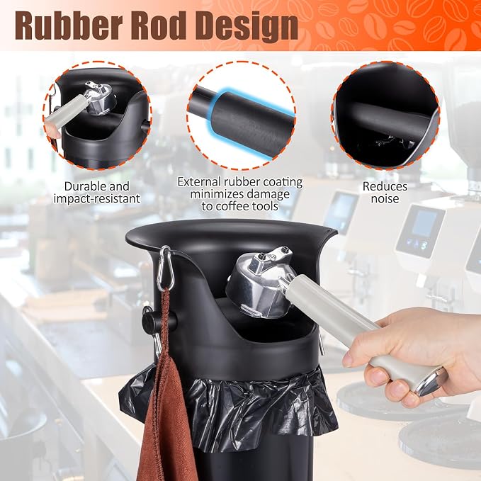 HOMEE Espresso Coffee Knock Box with Garbage Bags (25Pcs),18L Floor Standing Barista Style Knock Box for Espresso Grounds,Detachable Large Coffee Knock Box for Commercial and Home with Brush & Towel
