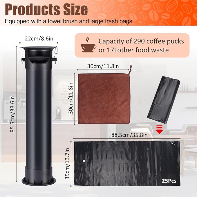 HOMEE Espresso Coffee Knock Box with Garbage Bags (25Pcs),18L Floor Standing Barista Style Knock Box for Espresso Grounds,Detachable Large Coffee Knock Box for Commercial and Home with Brush & Towel