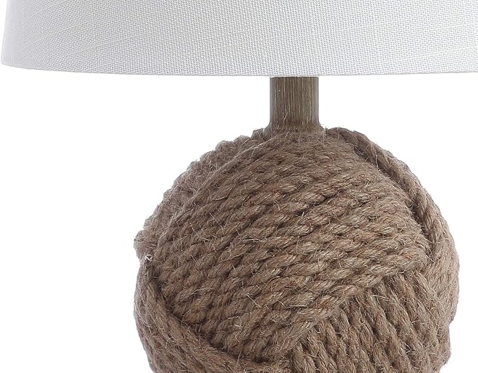 JONATHAN Y 18" Natural Monkey Fist Rope Ball LED Table Lamp, Coastal Nautical Iron and Rope Accent Lamp for Living Room Bedroom, White Linen Shade, LED Bulb
