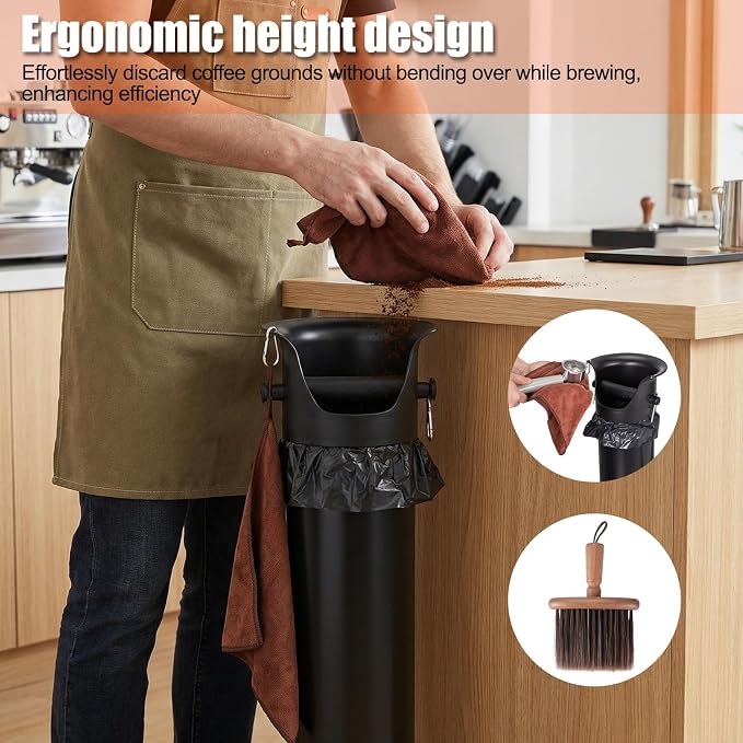 HOMEE Espresso Coffee Knock Box with Garbage Bags (25Pcs),18L Floor Standing Barista Style Knock Box for Espresso Grounds,Detachable Large Coffee Knock Box for Commercial and Home with Brush & Towel