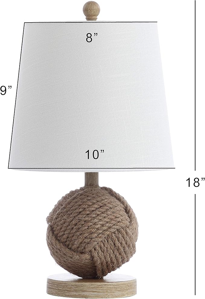 JONATHAN Y 18" Natural Monkey Fist Rope Ball LED Table Lamp, Coastal Nautical Iron and Rope Accent Lamp for Living Room Bedroom, White Linen Shade, LED Bulb