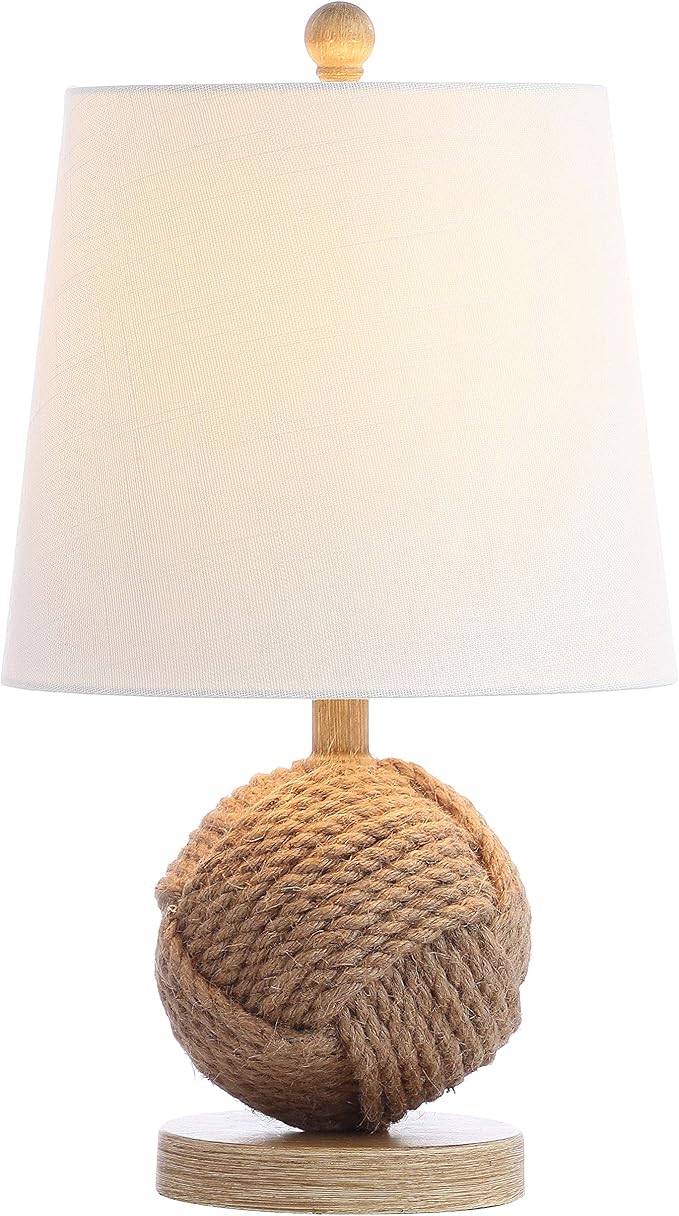 JONATHAN Y 18" Natural Monkey Fist Rope Ball LED Table Lamp, Coastal Nautical Iron and Rope Accent Lamp for Living Room Bedroom, White Linen Shade, LED Bulb
