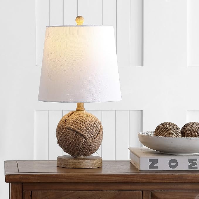 JONATHAN Y 18" Natural Monkey Fist Rope Ball LED Table Lamp, Coastal Nautical Iron and Rope Accent Lamp for Living Room Bedroom, White Linen Shade, LED Bulb